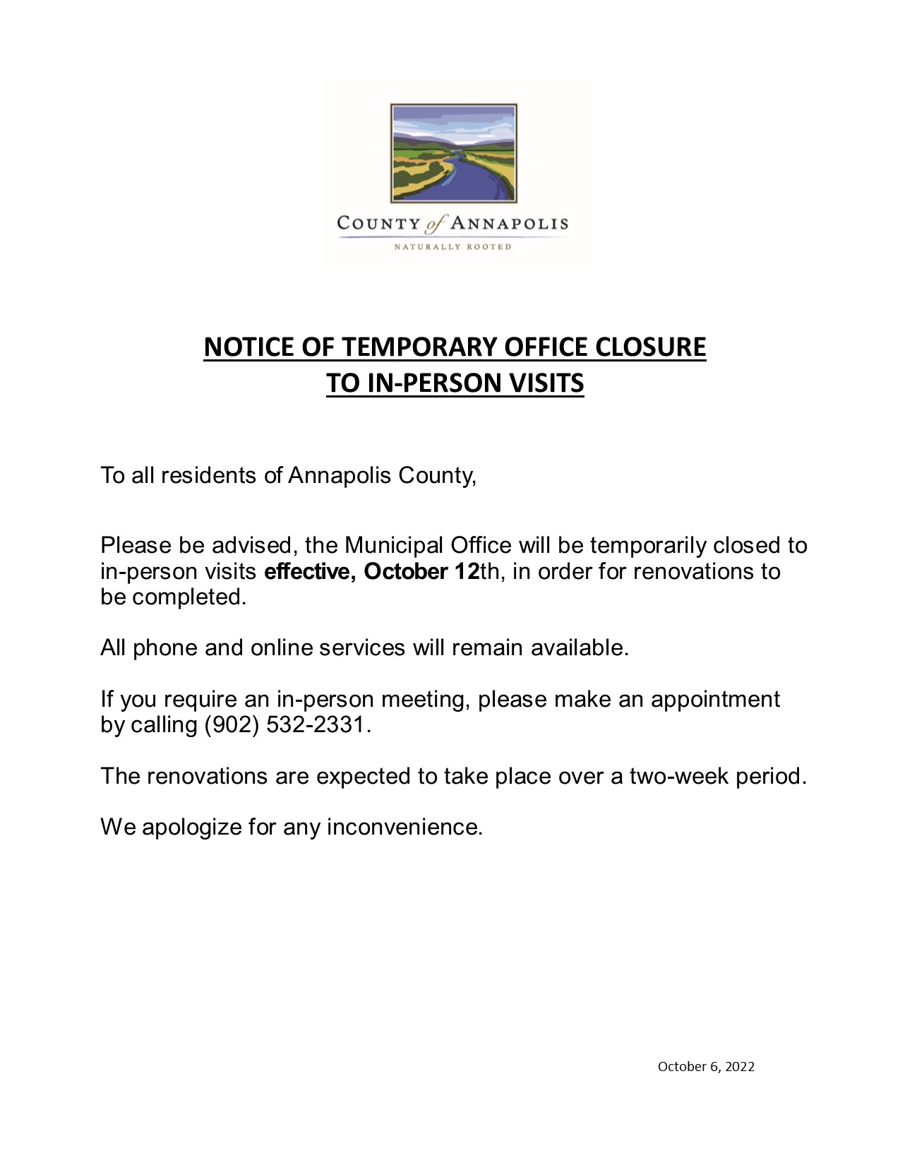 Municipal Office Temporary Closure to In Person Visits