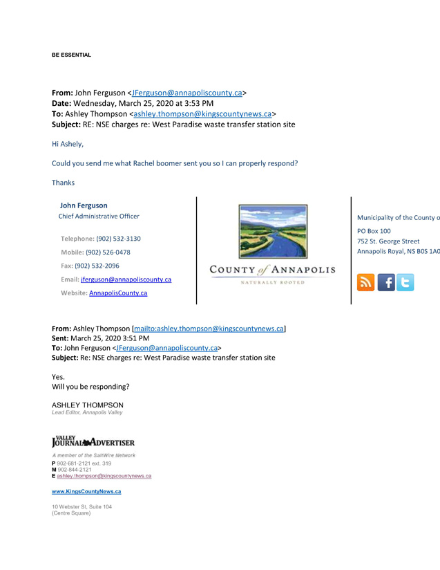 Email stream Between the Valley Register, the Department of Environment, and Annapolis County 5